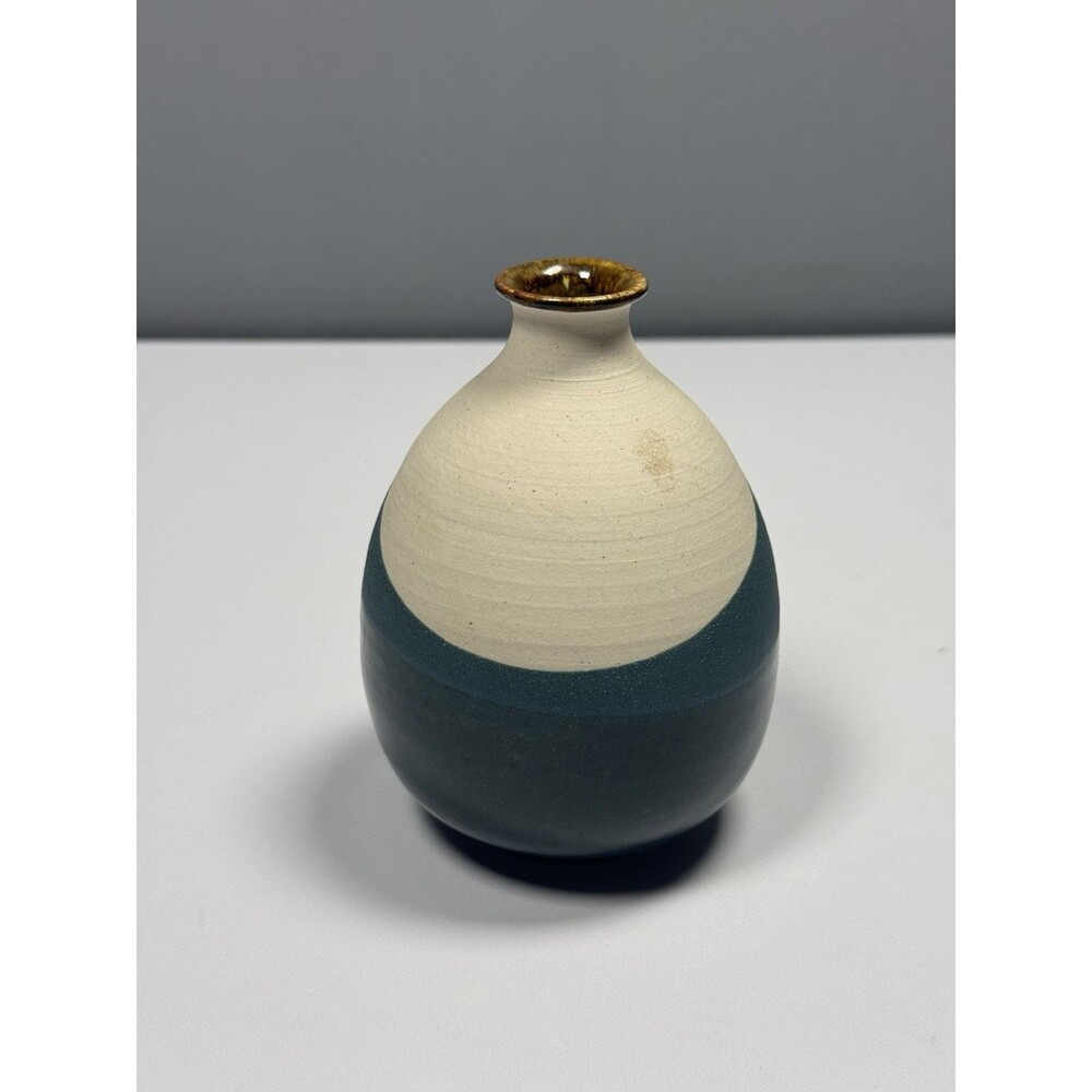 Signed Studio Pottery Bud Vase Teal Cream Ceramic Hand Thrown Modernist